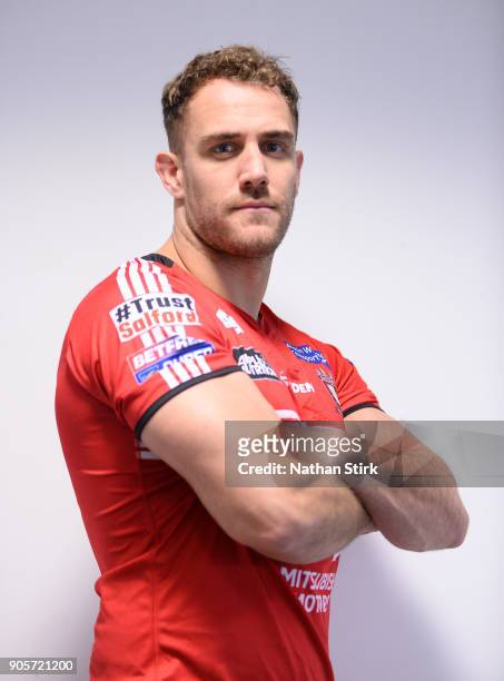 Lee Mossop of Salford Red Devils poses for a portrait during the Salford Red Devils Media Day at AJ Bell Stadium on January 16, 2018 in Salford,...