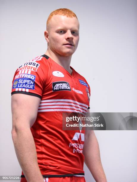 Ben Nakubuwai of Salford Red Devils poses for a portrait during the Salford Red Devils Media Day at AJ Bell Stadium on January 16, 2018 in Salford,...