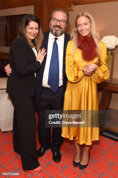 Elisabetta de Simone Niquesa, Luigi De Simone Niquesa, and Martha Ward attend the Niquesa Pre-BAFTA dinner at Claridge's Hotel on January 16, 2018 in...