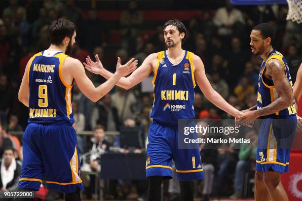 Stefan Markovic, #9, Alexey Shved, #1 and James Anderson, #21 of Khimki Moscow Regionof Khimki Moscow Region celebrate during the 2017/2018 Turkish...