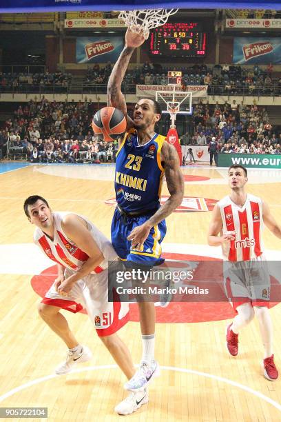 Malcolm Thomas, #23 of Khimki Moscow Region competes wtih Milko Bjelica, #51 of Crvena Zvezda mts Belgrade during the 2017/2018 Turkish Airlines...