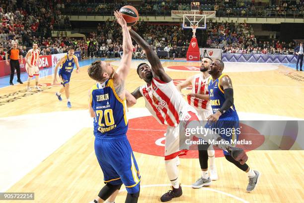 Mathias Lessort, #26 of Crvena Zvezda mts Belgrade competes with Andrey Zubkov, #20 of Khimki Moscow Region during the 2017/2018 Turkish Airlines...