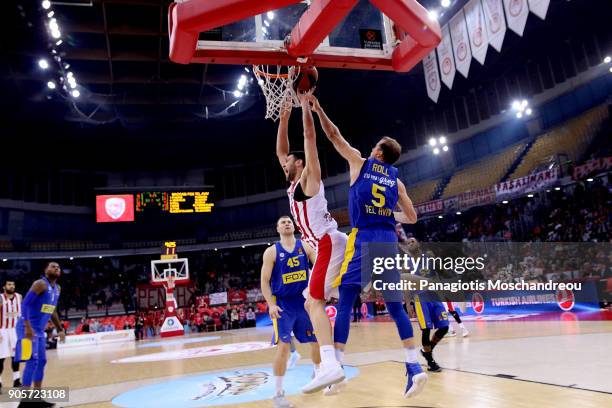 Kostas Papanikolaou, #16 of Olympiacos Piraeus competes with Michael Roll, #5 of Maccabi Fox Tel Aviv during the 2017/2018 Turkish Airlines...