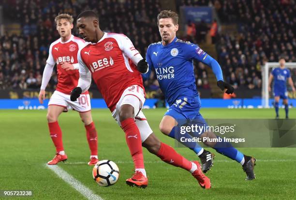 Amari'i Bell of Fleetwood Town under pressure from Adrien Silva of Leicester City during the FA Cup Third round replay between Leicester City and...