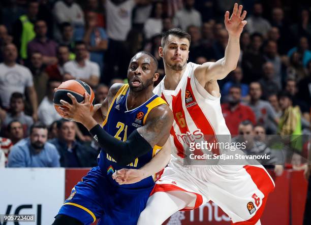 James Anderson of Khimki in action against Nemanja Dangubic of Crvena Zvezda during the 2017/2018 Turkish Airlines EuroLeague Regular Season Round 18...