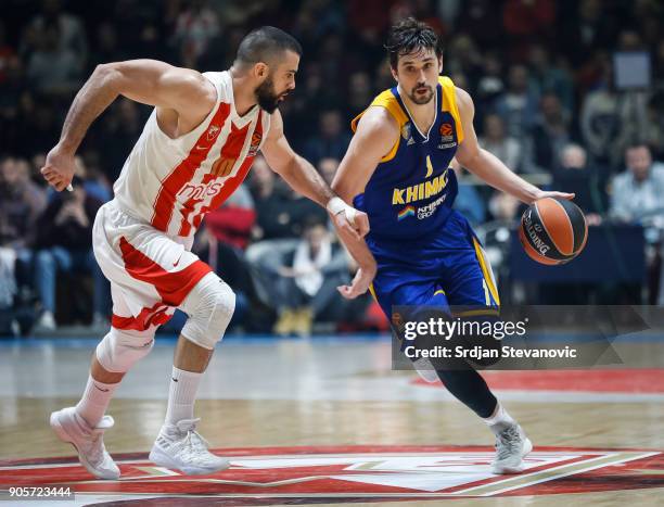 Alexey Shved of Khimki in action against Branko Lazic of Crvena Zvezda during the 2017/2018 Turkish Airlines EuroLeague Regular Season Round 18 game...