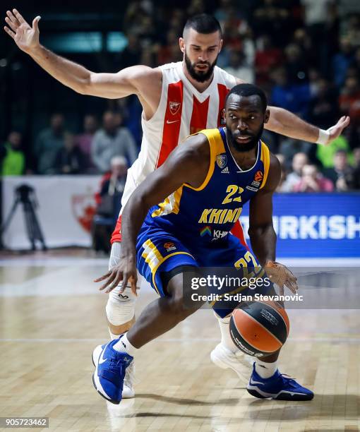 Charles Jenkins of Khimki in action against Branko Lazic of Crvena Zvezda during the 2017/2018 Turkish Airlines EuroLeague Regular Season Round 18...