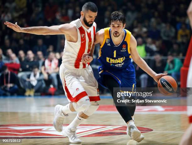 Alexey Shved of Khimki in action against Branko Lazic of Crvena Zvezda during the 2017/2018 Turkish Airlines EuroLeague Regular Season Round 18 game...