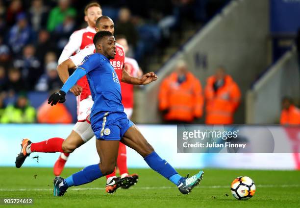 Kelechi Iheanacho of Leicester City scores their first goal during The Emirates FA Cup Third Round Replay match between Leicester City and Fleetwood...
