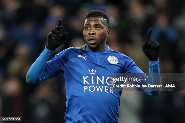 Kelechi Iheanacho of Leicester City celebrates after scoring a goal to make it 1-0 during The Emirates FA Cup Third Round Replay match between...