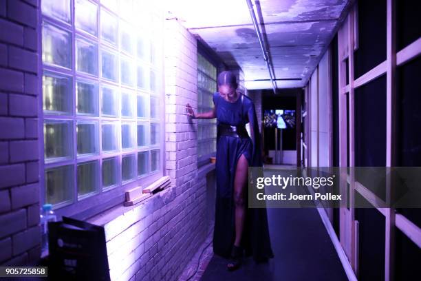 Model is seen ahead of the Mercedes-Benz & ELLE present Callisti show during the MBFW January 2018 at ewerk on January 16, 2018 in Berlin, Germany.