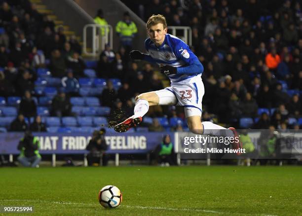 Jon Dadi Bodvarsson of Reading scores their first goal during The Emirates FA Cup Third Round Replay match between Reading and Stevenage at Madejski...