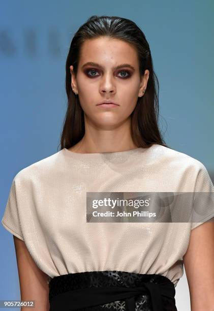 Model walks the runway at the Mercedes-Benz & ELLE present Callisti show during the MBFW Berlin January 2018 at ewerk on January 16, 2018 in Berlin,...