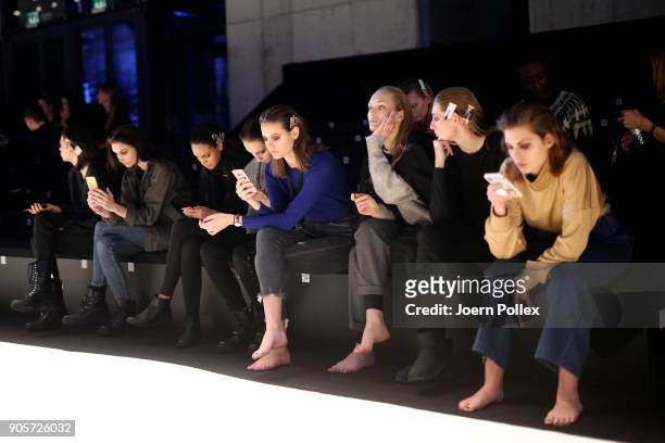 Models are seen ahead of the Mercedes-Benz & ELLE present Callisti show during the MBFW January 2018 at ewerk on January 16, 2018 in Berlin, Germany.