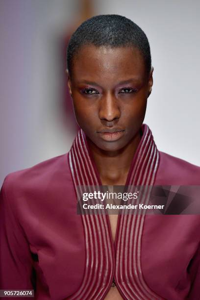 Model walks the runway at the Mercedes-Benz & ELLE present Callisti show during the MBFW Berlin January 2018 at ewerk on January 16, 2018 in Berlin,...