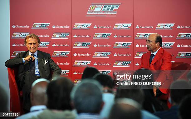 Ferrari President Luca di Montezemolo and the President of the Bank of Santander Emilio Botin attend a press conference to present the Spanish...