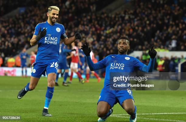 Kelechi Iheanacho of Leicester City celebrates after putting Leicester City 1-0 ahead during the FA Cup Third round replay between Leicester City and...