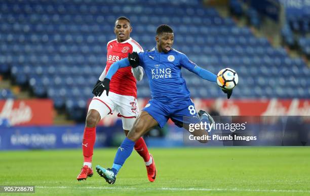 Kelechi Iheanacho of Leicester City in action with Amari'i Bell of Fleetwood Town during The Emirates FA Cup Third Round Replay between Leicester...