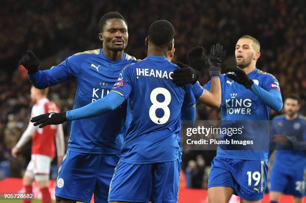 Kelehi Iheanacho of Leicester City celebrates with team mates after putting Leicester City 1-0 ahead during the FA Cup Third round replay between...