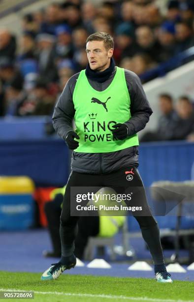 Jamie Vardy of Leicester City warms up from the bench during The Emirates FA Cup Third Round Replay between Leicester City and Fleetwood Town at King...
