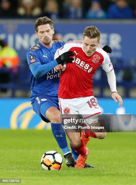 Adrien Silva of Leicester City in action with George Glendon of Fleetwood Town during The Emirates FA Cup Third Round Replay between Leicester City...
