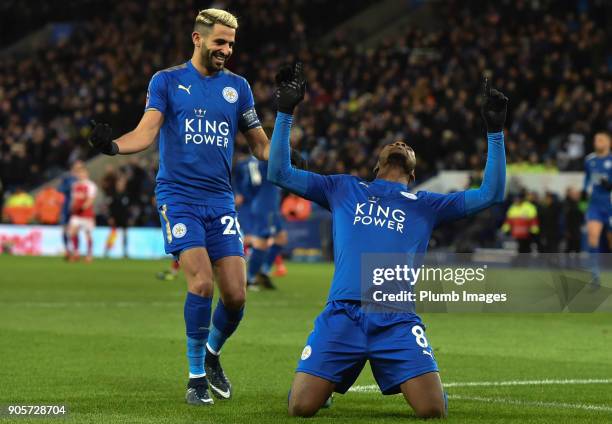 Kelechi Iheanacho of Leicester City celebrates after putting Leicester City 1-0 ahead during the FA Cup Third round replay between Leicester City and...