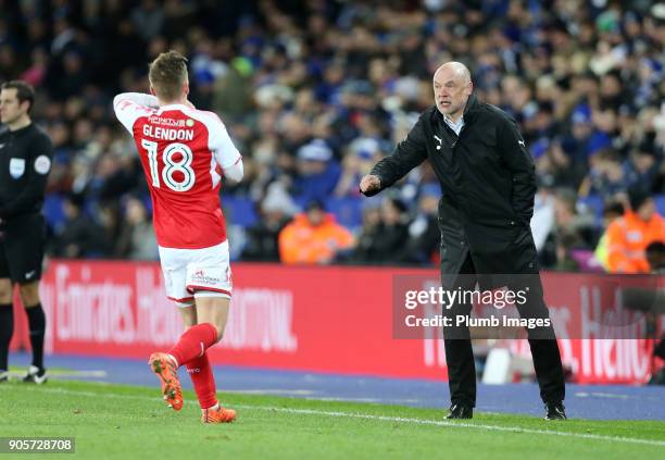 Use Rosler of Fleetwood Town with George Glendon of Fleetwood Town during The Emirates FA Cup Third Round Replay between Leicester City and Fleetwood...