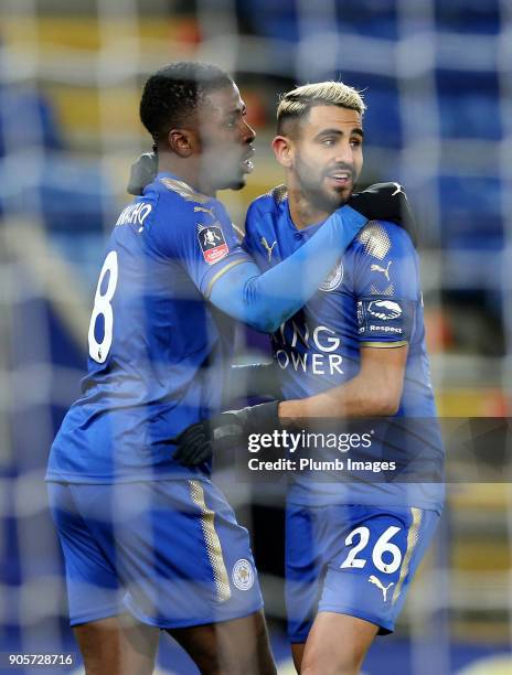 Kelechi Iheanacho of Leicester celebrates with Riyad Mahrez of Leicester City after scoring to make it 1-0 during The Emirates FA Cup Third Round...