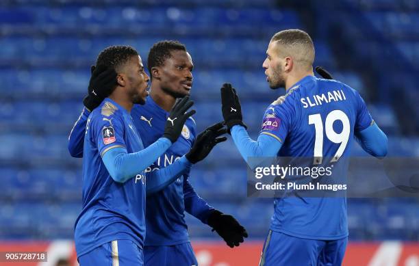 Kelechi Iheanacho of Leicester celebrates with Daniel Amartey and Islam Slimani of Leicester City after scoring to make it 1-0 during The Emirates FA...
