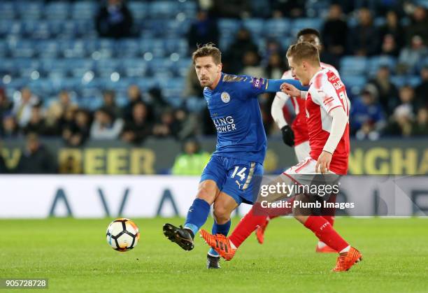Adrien Silva of Leicester City in action with George Glendon of Fleetwood Town during The Emirates FA Cup Third Round Replay between Leicester City...
