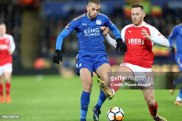 Islam Slimani of Leicester City in action with Gethin Jones of Fleetwood Town during The Emirates FA Cup Third Round Replay between Leicester City...