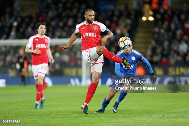Islam Slimani of Leicester City in action with Nathan Pond of Fleetwood Town during The Emirates FA Cup Third Round Replay between Leicester City and...