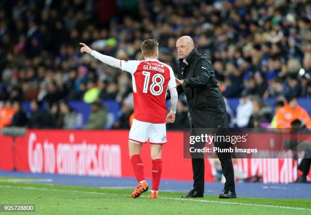 Use Rosler of Fleetwood Town with George Glendon of Fleetwood Town during The Emirates FA Cup Third Round Replay between Leicester City and Fleetwood...