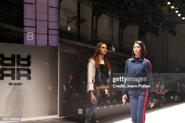 Models walk the runway ahead of the Riani show during the MBFW January 2018 at ewerk on January 16, 2018 in Berlin, Germany.