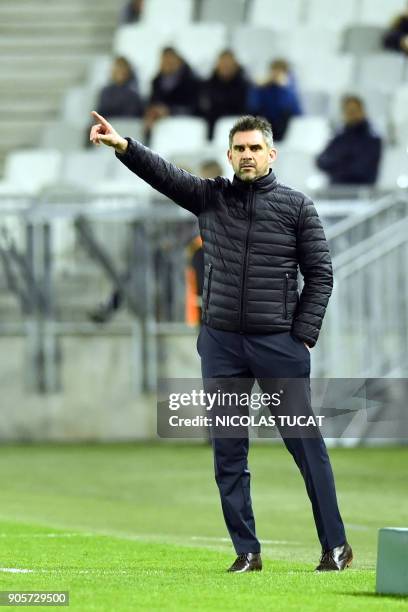 Bordeaux's French head coach Jocelyn Gourvennec gestures during the French L1 football match between Bordeaux and Caen on January 16, 2018 at the...