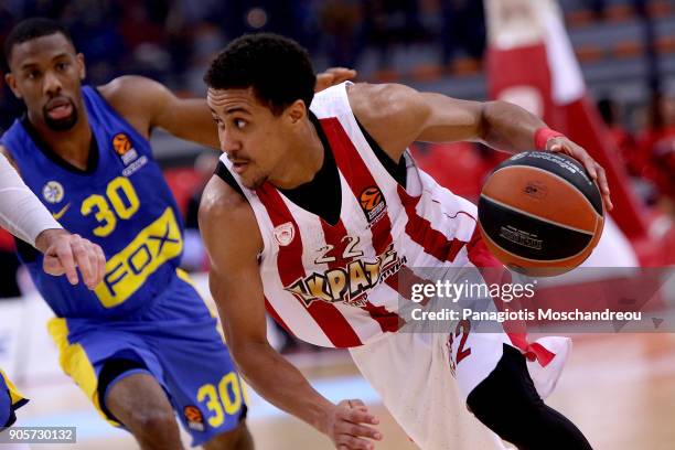 Brian Roberts, #22 of Olympiacos Piraeus in action during the 2017/2018 Turkish Airlines EuroLeague Regular Season Round 18 game between Olympiacos...