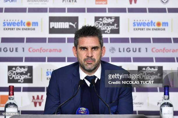 Bordeaux's French head coach Jocelyn Gourvennec gives a press conference after the French L1 football match between Bordeaux and Caen on January 16,...