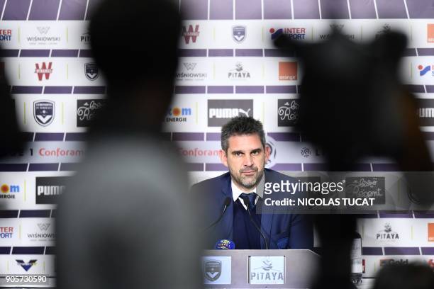 Bordeaux's French head coach Jocelyn Gourvennec gives a press conference after the French L1 football match between Bordeaux and Caen on January 16,...