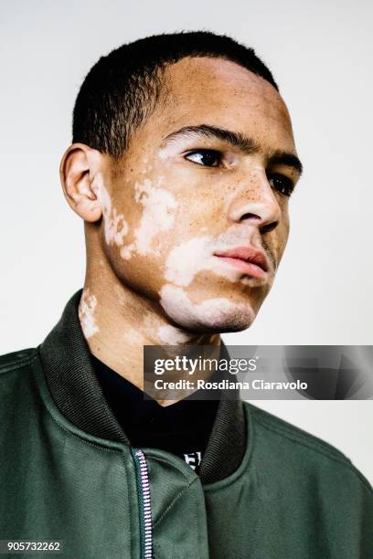 Model is seen backstage ahead of the Yoshio Kubo show during Milan Men's Fashion Week Fall/Winter 2018/19 on January 15, 2018 in Milan, Italy.