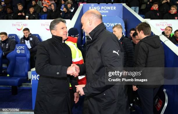 Manager Claude Puel of Leicester City with Manager Uwe Rosler of Fleetwood Town during The Emirates FA Cup Third Round Replay between Leicester City...