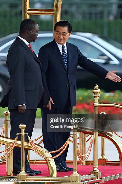 Chinese President Hu Jintao accompanies President of Central African Republic Francois Bozize Yangouvonda to view a guard of honour during a...