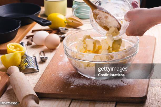 preparing crust dough for baking - butter tart stock pictures, royalty-free photos & images