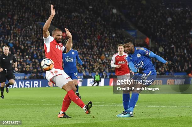 Kelechi Iheanacho of Leicester City has a shot deflected wide during the FA Cup Third round replay between Leicester City and Fleetwood Town at The...
