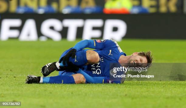 Adrien Silva of Leicester City holds is ankle in pain during The Emirates FA Cup Third Round Replay between Leicester City and Fleetwood Town at King...