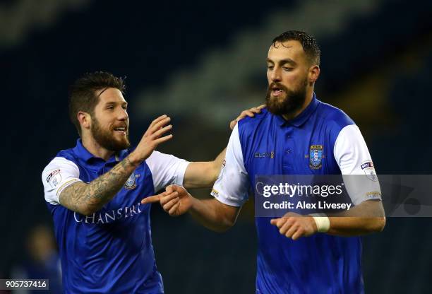 Atdhe Nuhiu of Sheffield Wednesday celebrates as he scores their second goal with Jacob Butterfield during The Emirates FA Cup Third Round Replay...