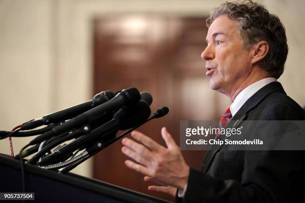 Sen. Rand Paul answers reporters questions during a news conference about proposed reforms to the Foreign Intelligence Surveillance Act in the...