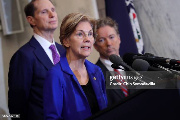 Sen. Elizabeth Warren speaks during a news conference with Sen. Ron Wyden and Rand Paul about their proposed reforms to the Foreign Intelligence...