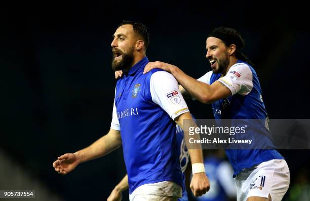 Atdhe Nuhiu of Sheffield Wednesday celebrates as he scores their second goal with George Boyd during The Emirates FA Cup Third Round Replay match...