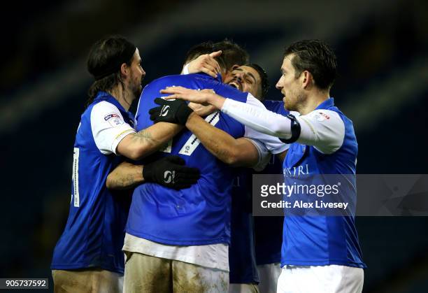 Atdhe Nuhiu of Sheffield Wednesday celebrates as he scores their second goal with team mates during The Emirates FA Cup Third Round Replay match...