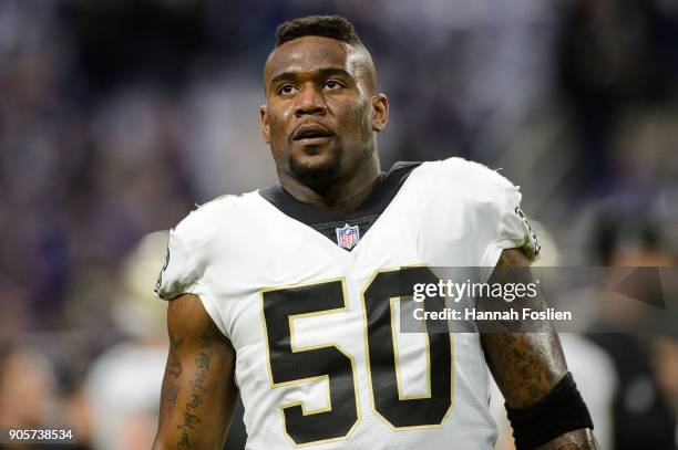 Gerald Hodges of the New Orleans Saints looks on before the NFC Divisional Playoff game against the Minnesota Vikings on January 14, 2018 at U.S....